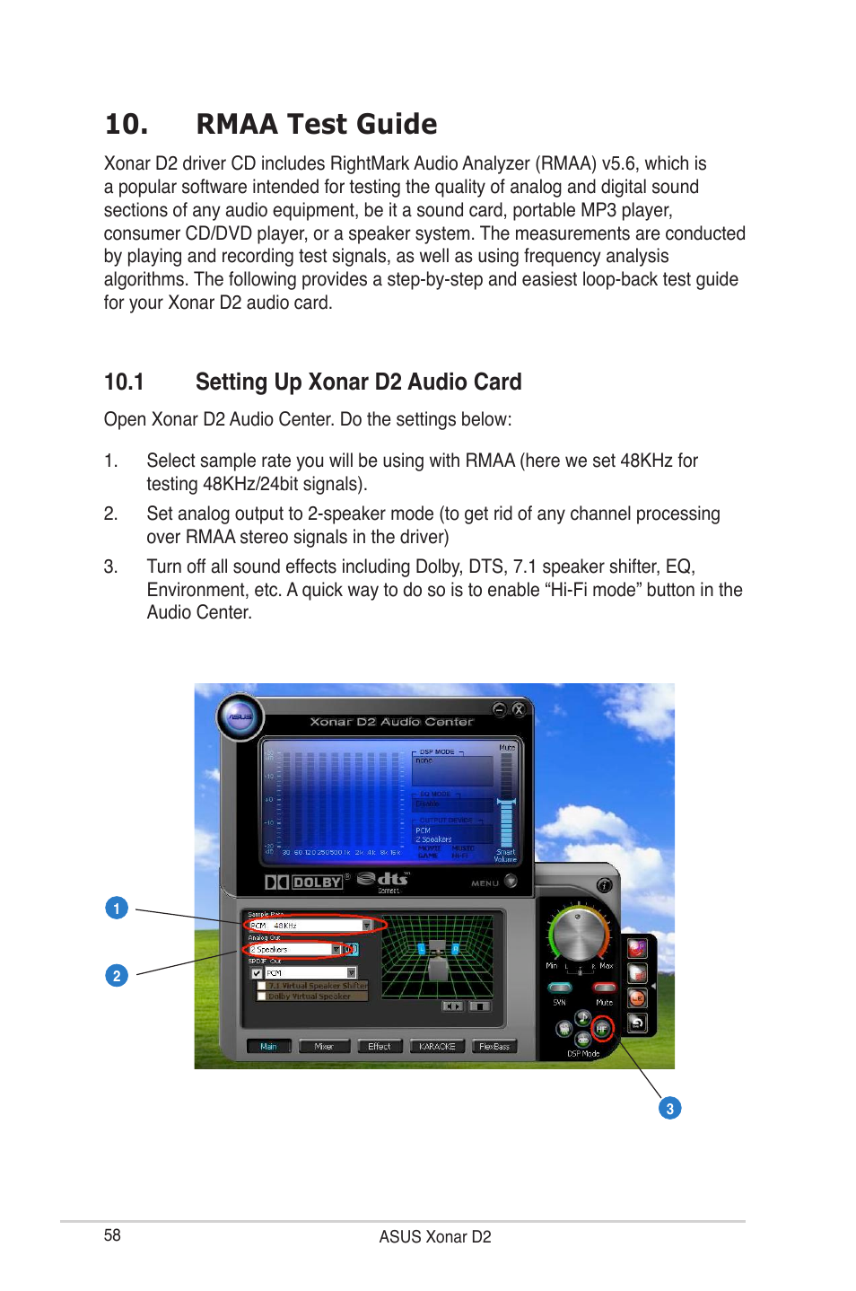 Rmaa test guide, 1 setting up xonar d2 audio card | Asus Audio Card Xonar D2 User Manual | Page 64 / 84