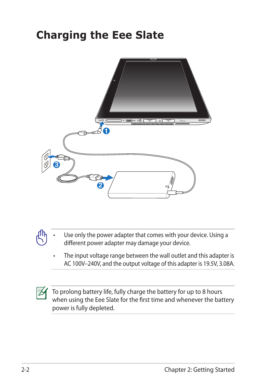 Charging the eee slate, Charging the eee slate -2 | Asus EEE SLATE EP121 User Manual | Page 16 / 46