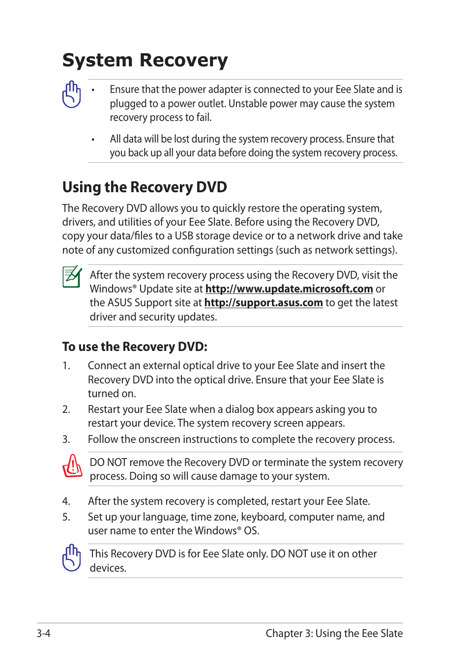 System recovery, Using the recovery dvd, System recovery -4 | Using the recovery dvd -4 | Asus EEE SLATE EP121 User Manual | Page 24 / 46