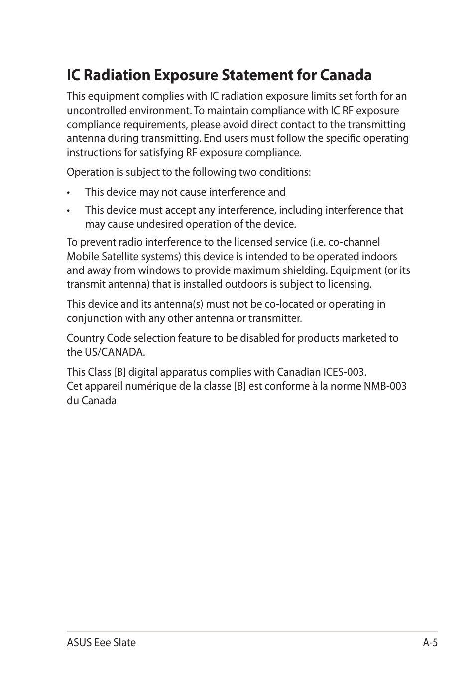 Ic radiation exposure statement for canada | Asus EEE SLATE EP121 User Manual | Page 37 / 46