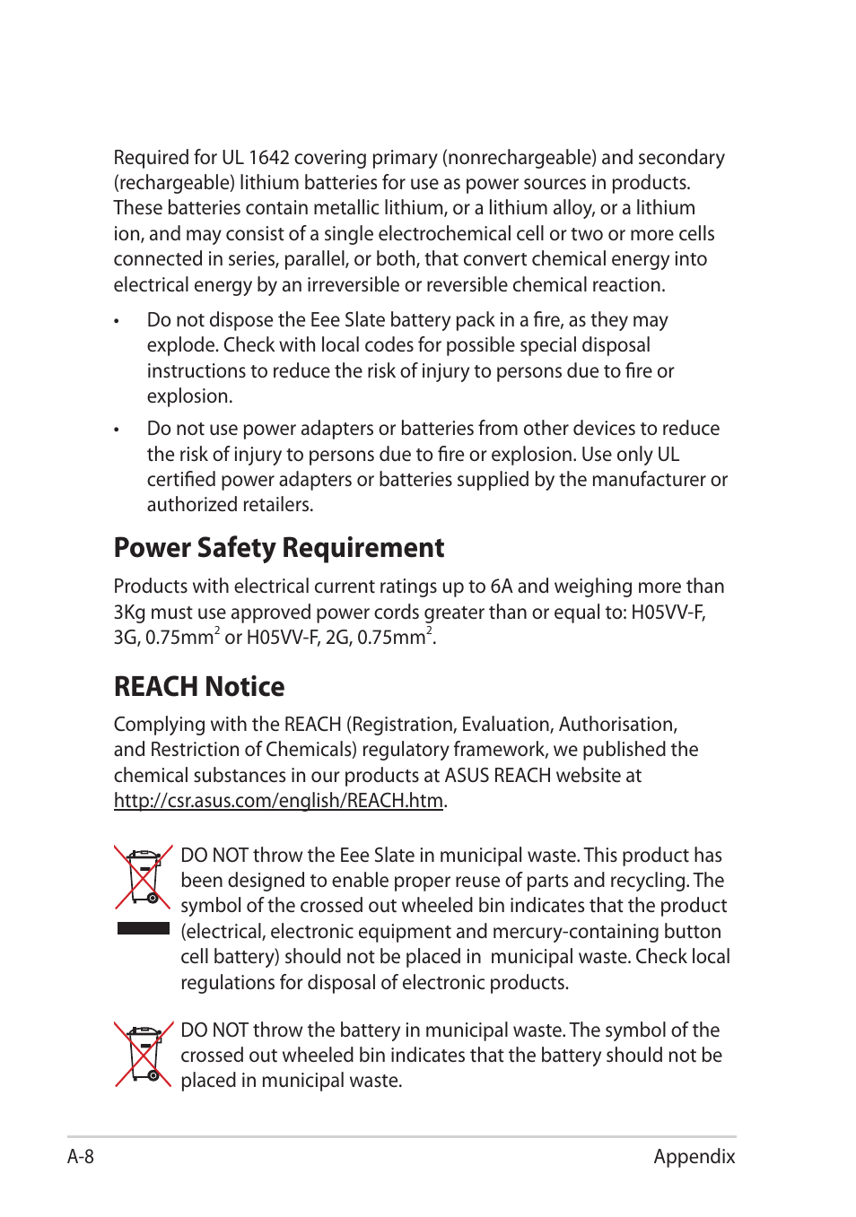 Reach notice, Power safety requirement | Asus EEE SLATE EP121 User Manual | Page 40 / 46