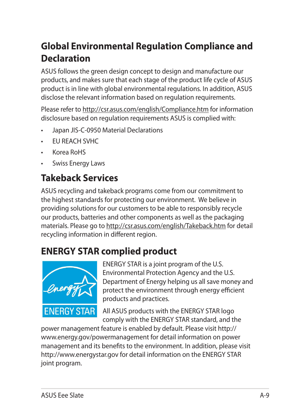 Takeback services, Energy star complied product | Asus EEE SLATE EP121 User Manual | Page 41 / 46