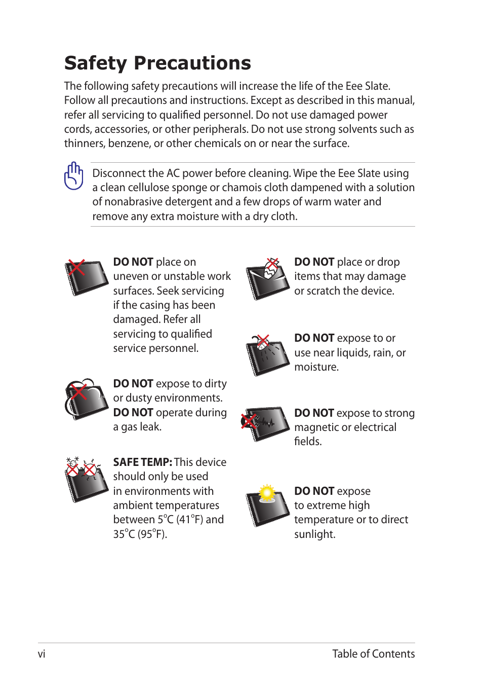 Safety precautions | Asus EEE SLATE EP121 User Manual | Page 6 / 46
