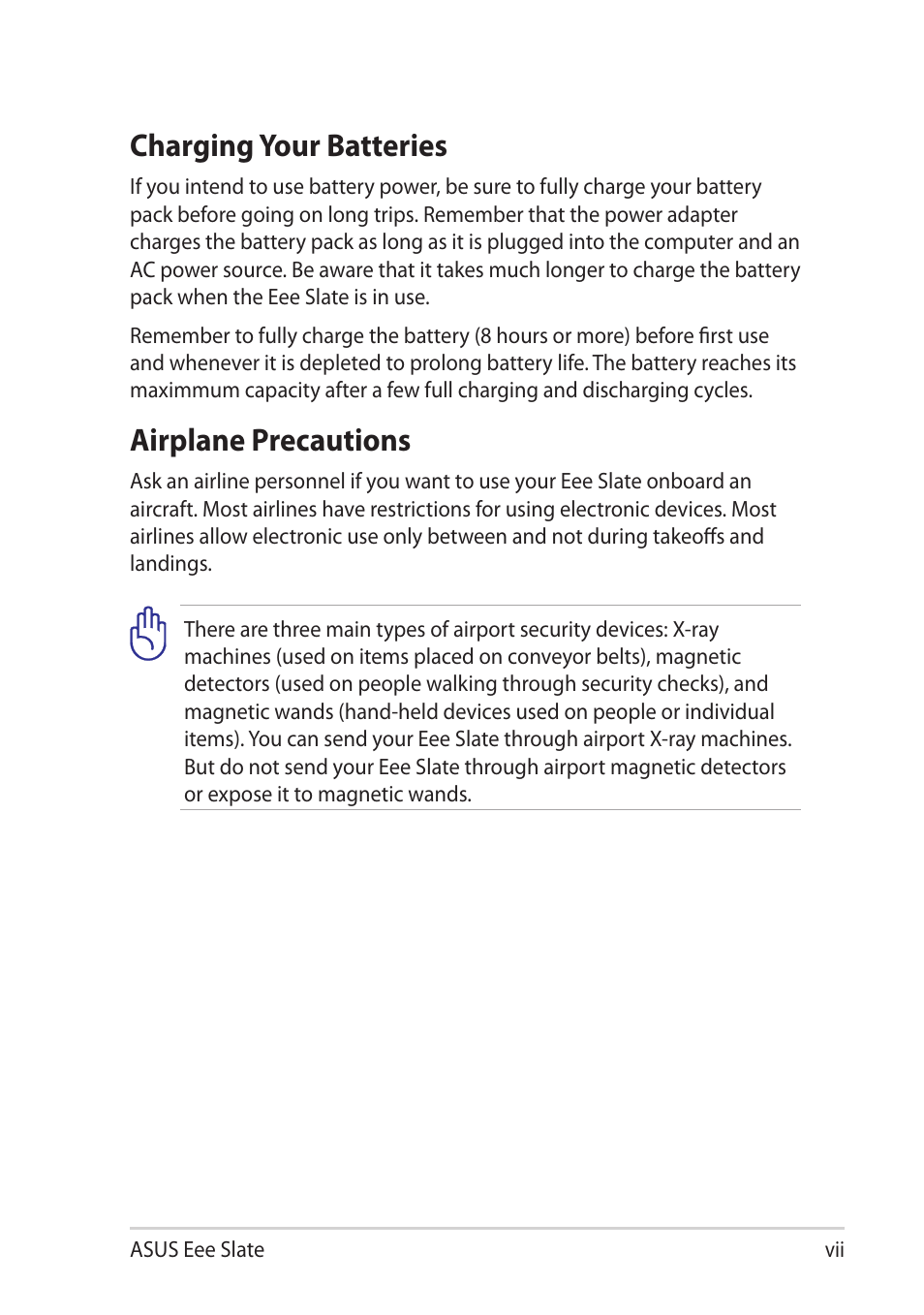 Charging your batteries, Airplane precautions | Asus EEE SLATE EP121 User Manual | Page 7 / 46
