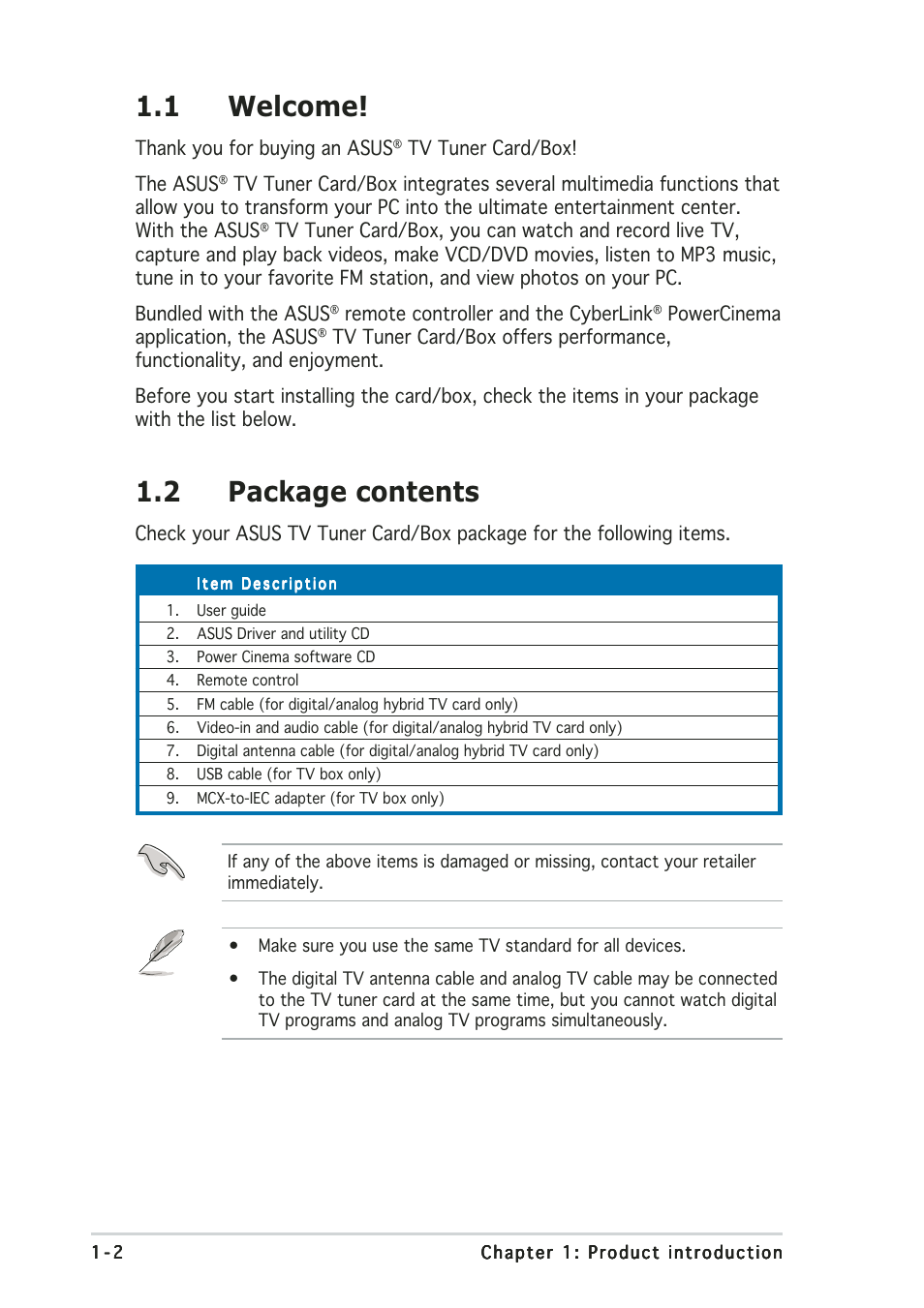 1 welcome, 2 package contents | Asus My Cinema U3000 User Manual | Page 10 / 62