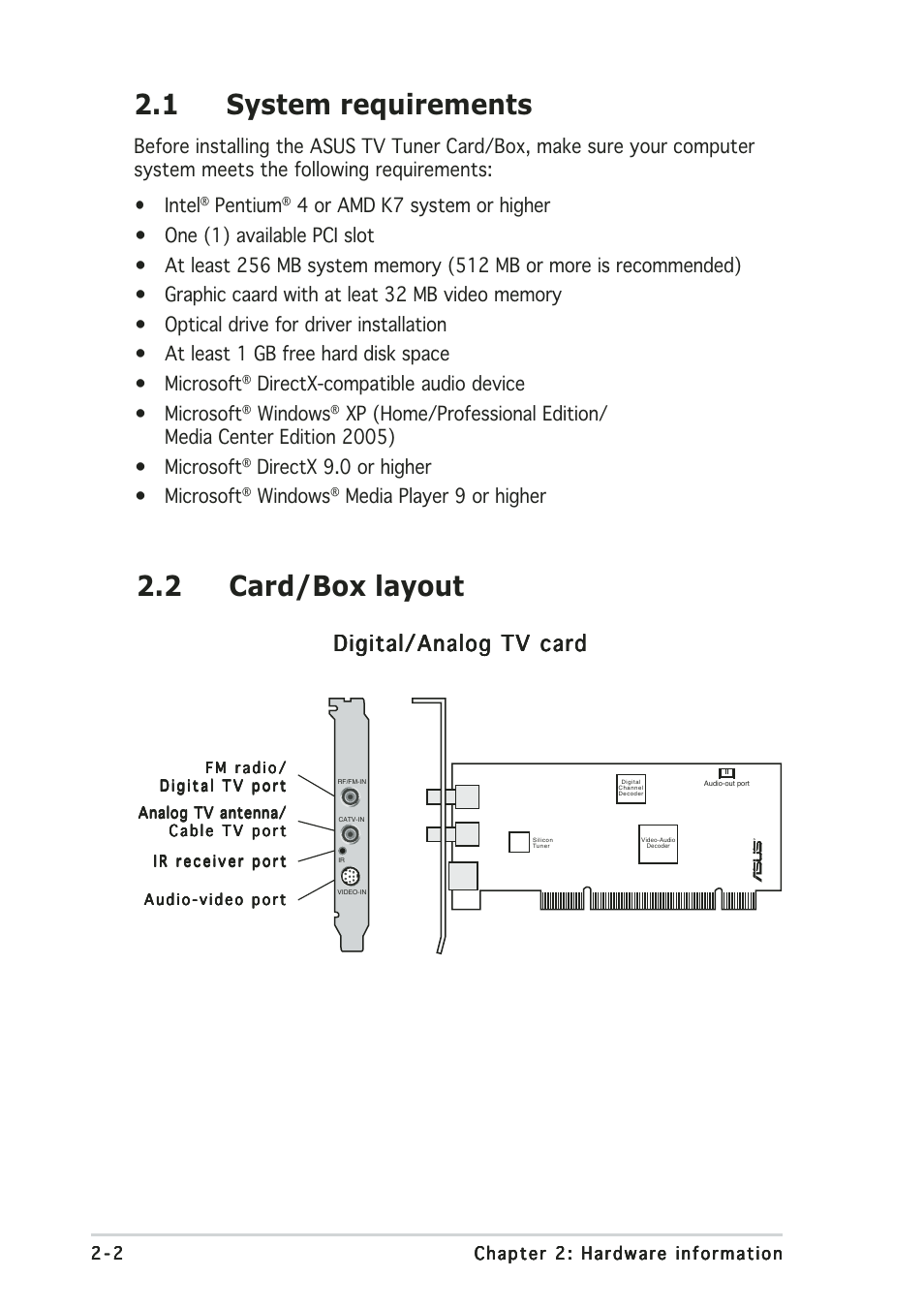 1 system requirements, 2 card/box layout, Digital/analog tv card | Pentium, Directx-compatible audio device • microsoft, Windows, Directx 9.0 or higher • microsoft, Media player 9 or higher | Asus My Cinema U3000 User Manual | Page 14 / 62