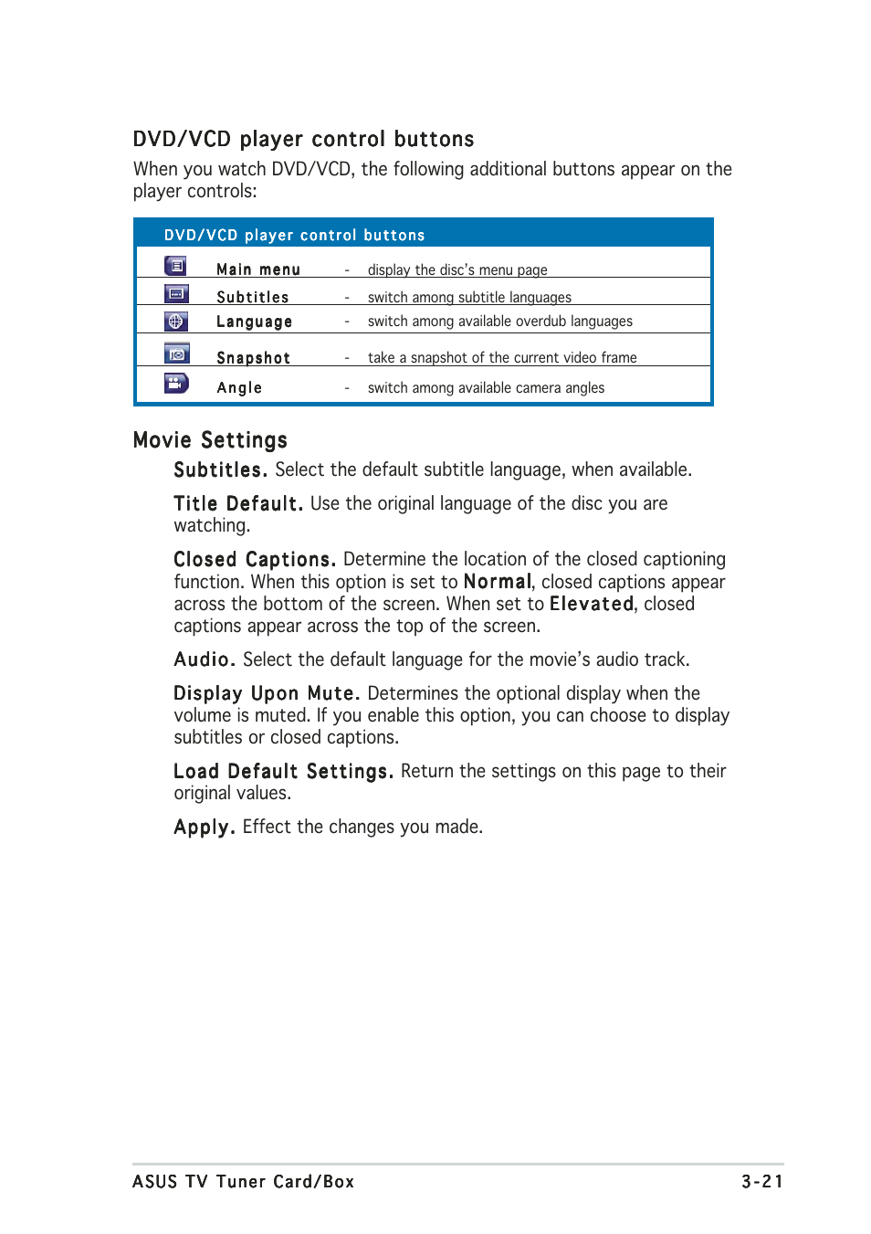 Dvd/vcd player control buttons, Movie settings | Asus My Cinema U3000 User Manual | Page 41 / 62