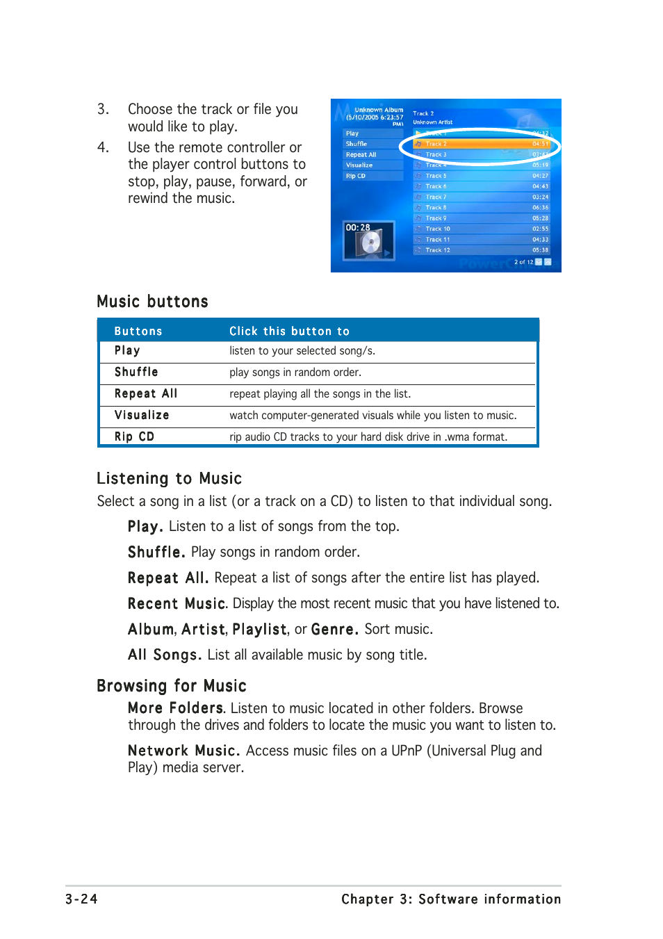 Music buttons, Listening to music, Browsing for music | Asus My Cinema U3000 User Manual | Page 44 / 62