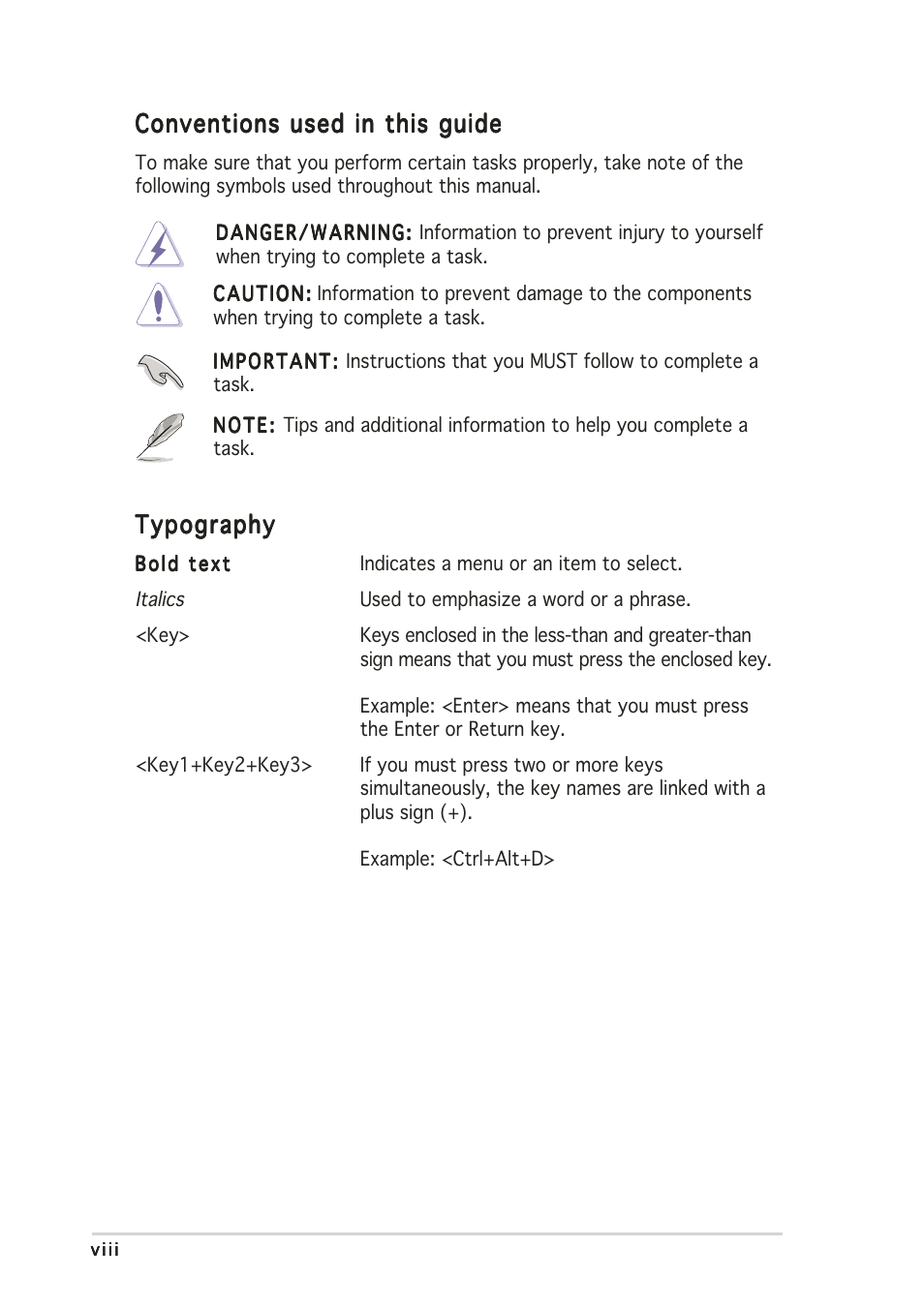 Conventions used in this guide, Typography | Asus My Cinema U3000 User Manual | Page 8 / 62