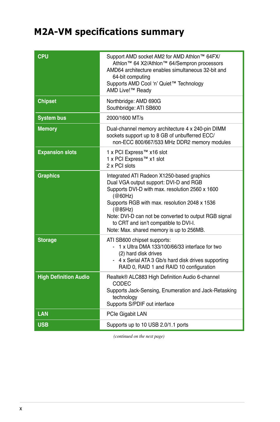 M2a-vm specifications summary | Asus M2A-VM User Manual | Page 10 / 92