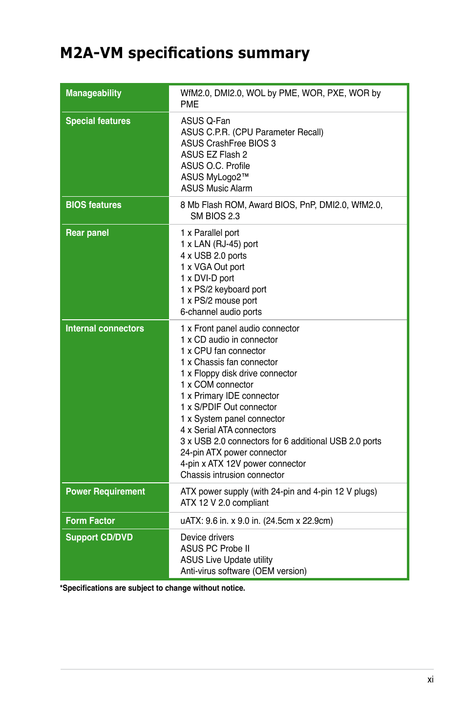 M2a-vm specifications summary | Asus M2A-VM User Manual | Page 11 / 92