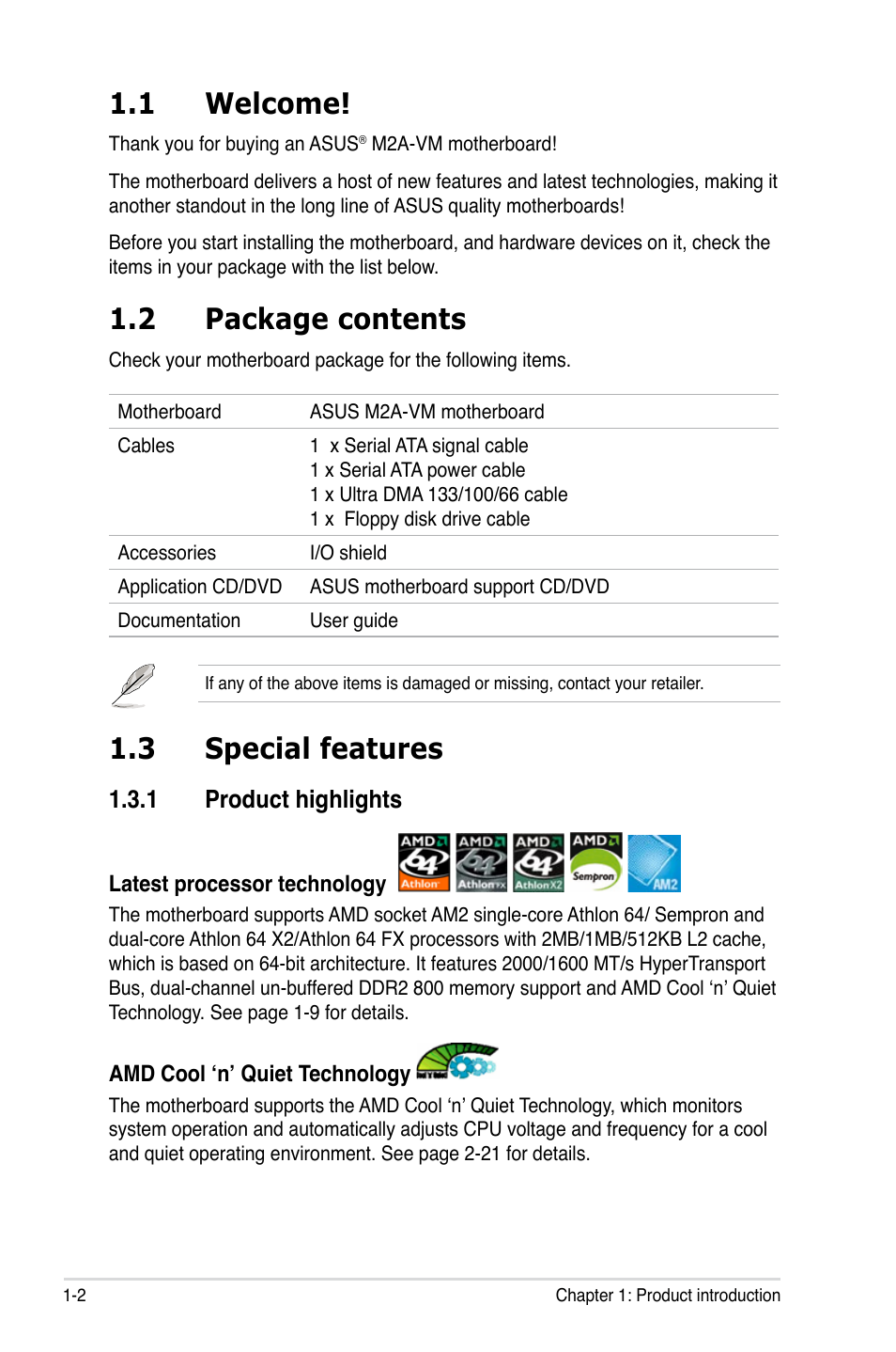 1 welcome, 2 package contents, 3 special features | Asus M2A-VM User Manual | Page 14 / 92