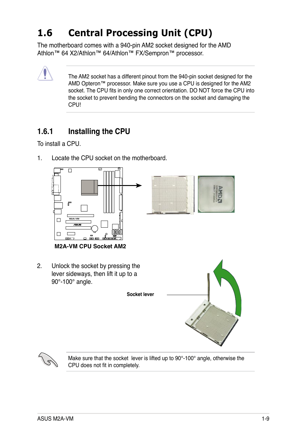 6 central processing unit (cpu), Installing.the.cpu | Asus M2A-VM User Manual | Page 21 / 92