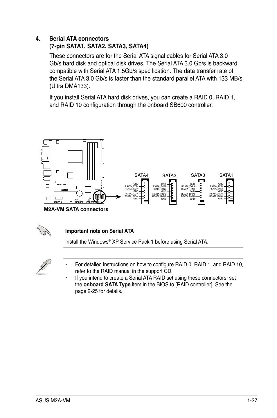 Asus m2a-vm 1-27, M2a-vm sata connectors | Asus M2A-VM User Manual | Page 39 / 92