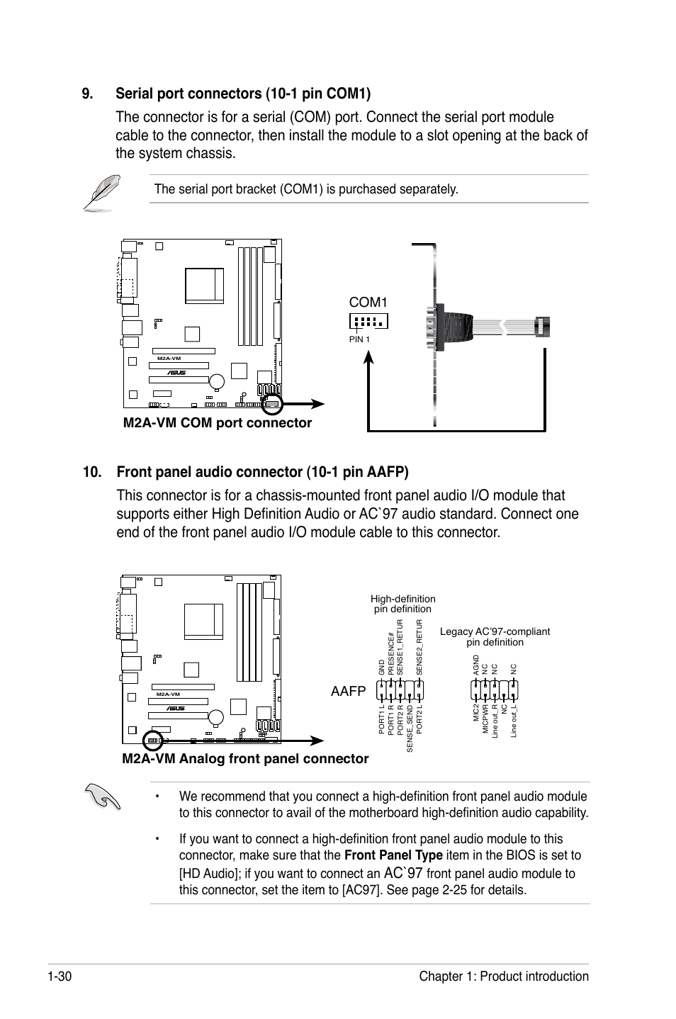 Ac`97, 30 chapter 1: product introduction, Com1 | M2a-vm analog front panel connector aafp | Asus M2A-VM User Manual | Page 42 / 92