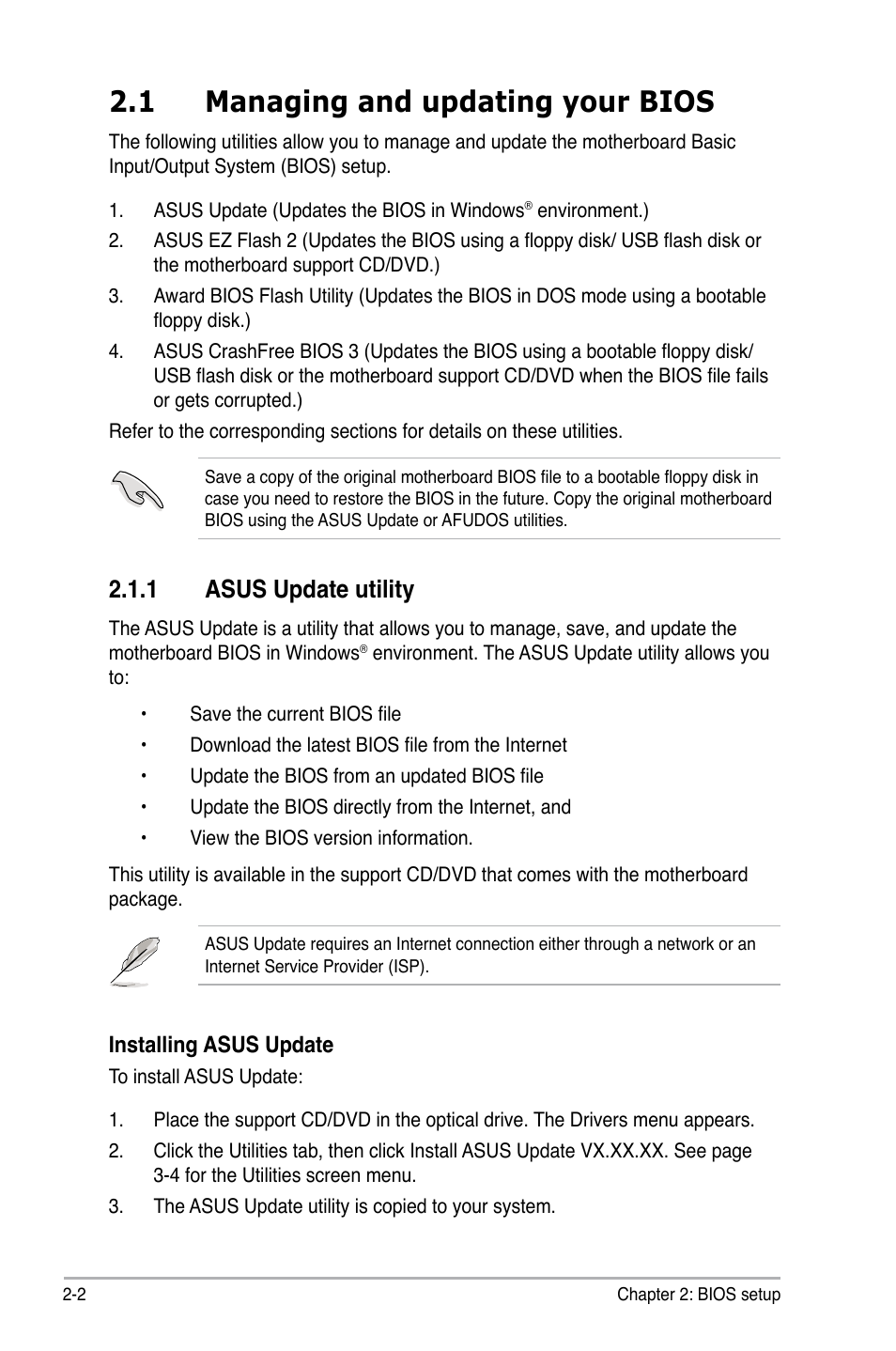 1 managing and updating your bios, 1 asus update utility | Asus M2A-VM User Manual | Page 46 / 92