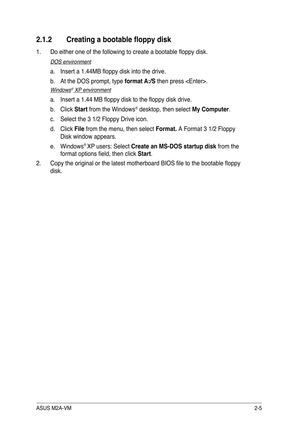 2 creating a bootable floppy disk | Asus M2A-VM User Manual | Page 49 / 92