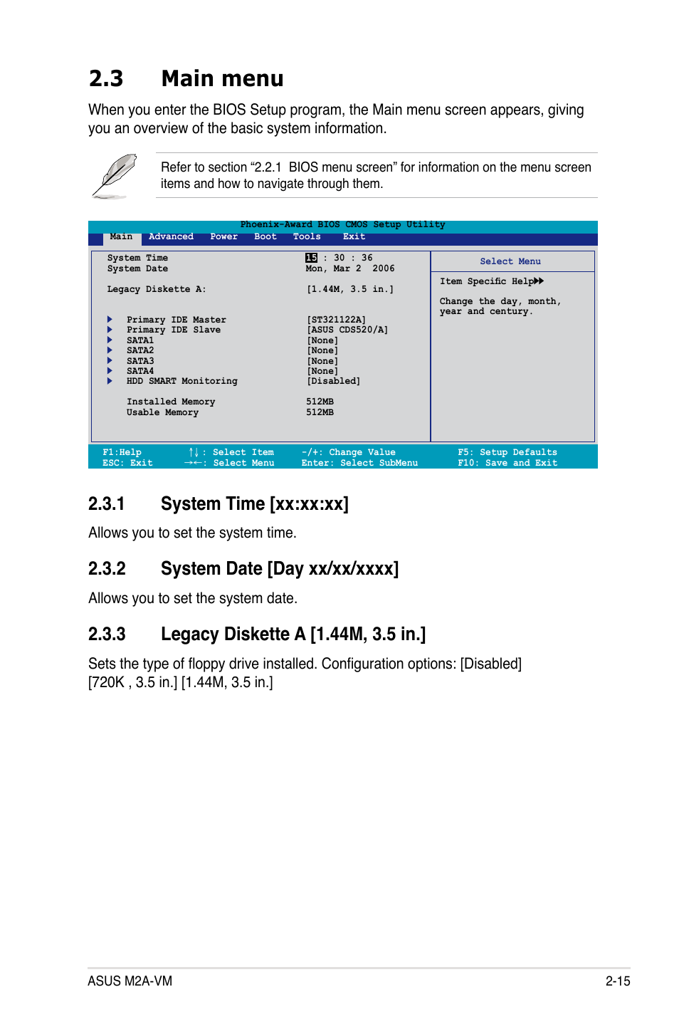 3 main menu, System.time.[xx:xx:xx, Allows you to set the system time | Allows you to set the system date | Asus M2A-VM User Manual | Page 59 / 92