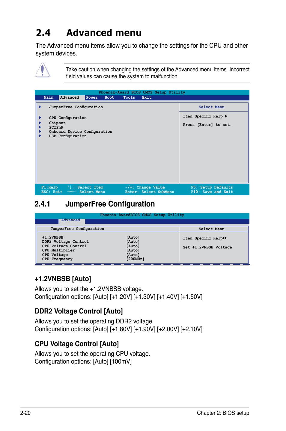 4 advanced menu, 1 jumperfree configuration, 2vnbsb [auto | Ddr2 voltage control [auto, Cpu voltage control [auto | Asus M2A-VM User Manual | Page 64 / 92