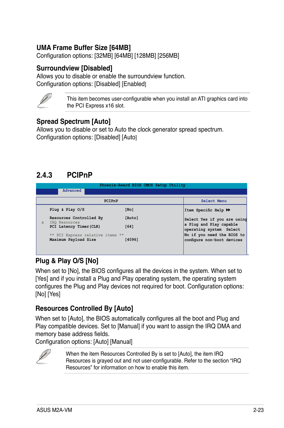 Pcipnp, Plug & play o/s [no, Resources controlled by [auto | Uma frame buffer size [64mb, Surroundview [disabled, Spread spectrum [auto | Asus M2A-VM User Manual | Page 67 / 92