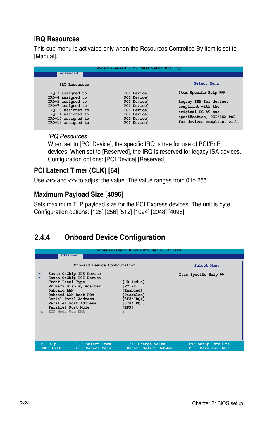 4 onboard device configuration, Pci.latenct.timer.(clk).[64, Maximum payload size [4096 | Irq resources, 24 chapter 2: bios setup | Asus M2A-VM User Manual | Page 68 / 92