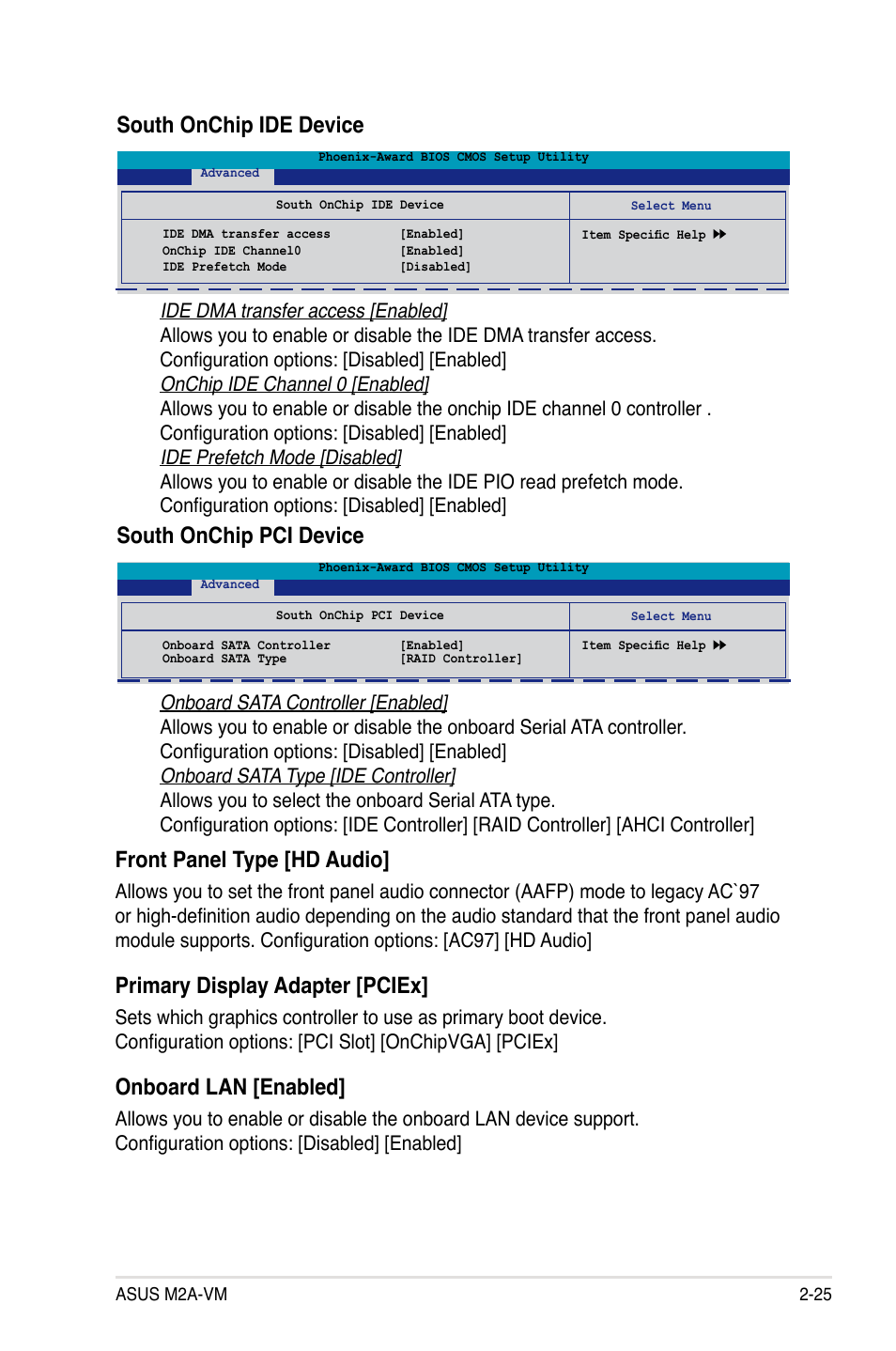South onchip ide device, South onchip pci device, Front panel type [hd audio | Primary display adapter [pciex, Onboard.lan.[enabled | Asus M2A-VM User Manual | Page 69 / 92
