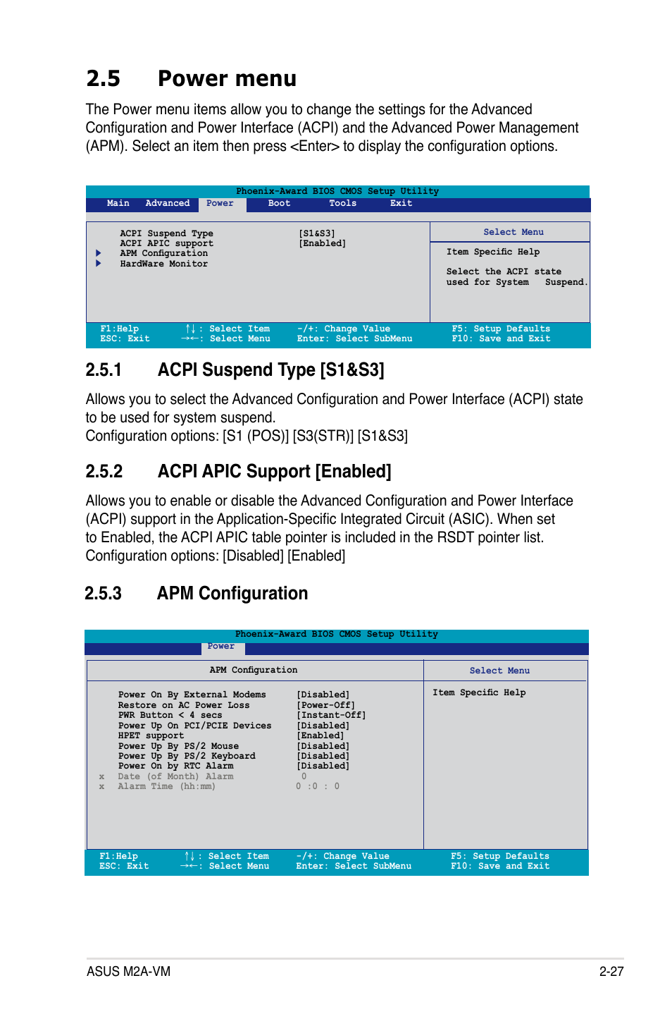 5 power menu, 1 acpi suspend type [s1&s3, 2 acpi apic support [enabled | 3 apm configuration | Asus M2A-VM User Manual | Page 71 / 92