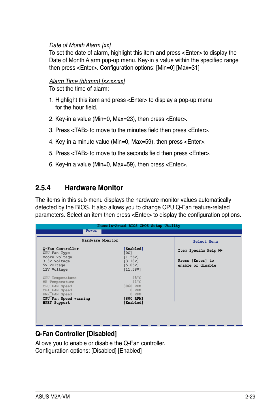 Hardware.monitor, Q-fan controller [disabled | Asus M2A-VM User Manual | Page 73 / 92