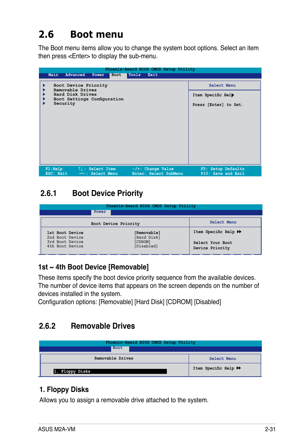 6 boot menu, 1 boot device priority, 2 removable drives | 1st ~ 4th boot device [removable, Floppy disks | Asus M2A-VM User Manual | Page 75 / 92