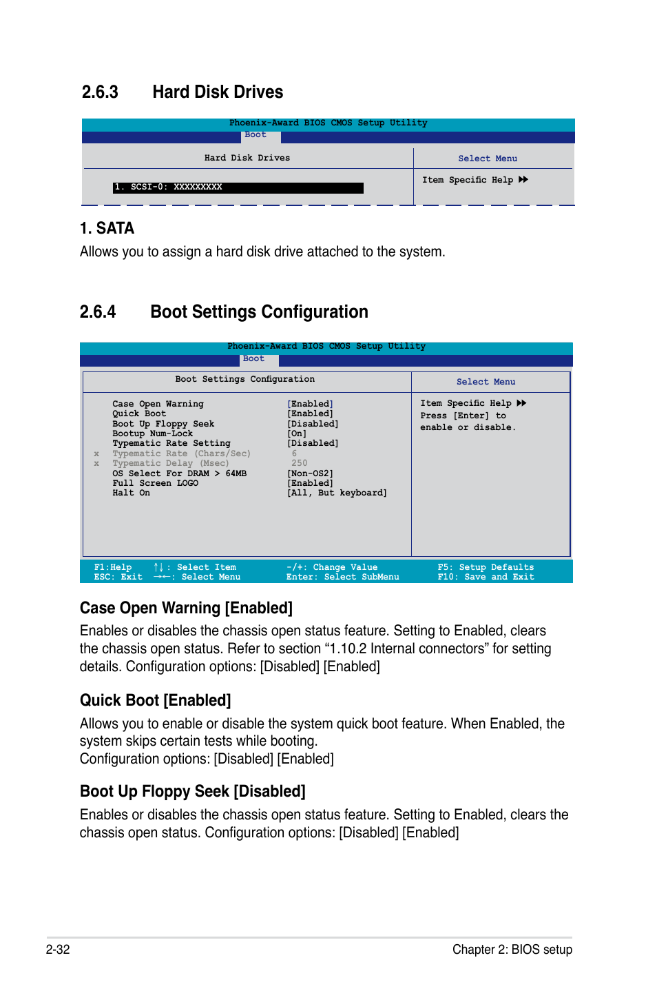 3 hard disk drives, 4 boot settings configuration, Sata | Case.open.warning.[enabled, Quick boot [enabled, Boot up floppy seek [disabled | Asus M2A-VM User Manual | Page 76 / 92