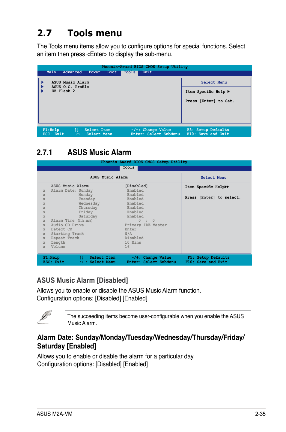 7 tools menu, 1 asus music alarm, Asus music alarm [disabled | Asus M2A-VM User Manual | Page 79 / 92