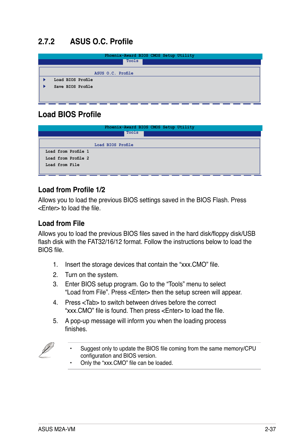 2 asus o.c. profile, Load bios profile, Load from profile 1/2 | Load.from.file | Asus M2A-VM User Manual | Page 81 / 92