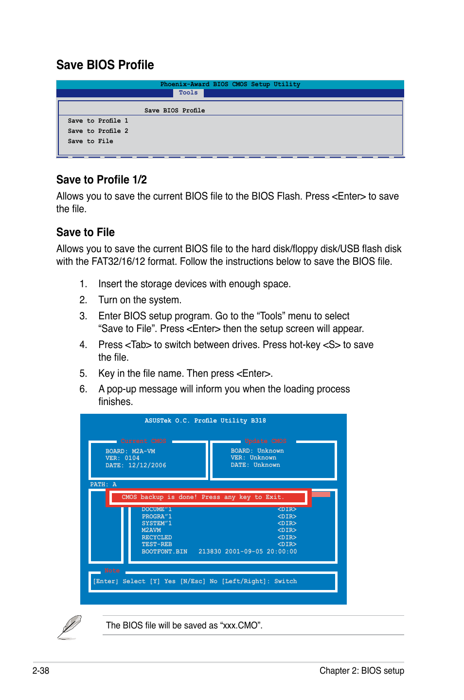 Save bios profile, Save to profile 1/2, Save.to.file | Asus M2A-VM User Manual | Page 82 / 92