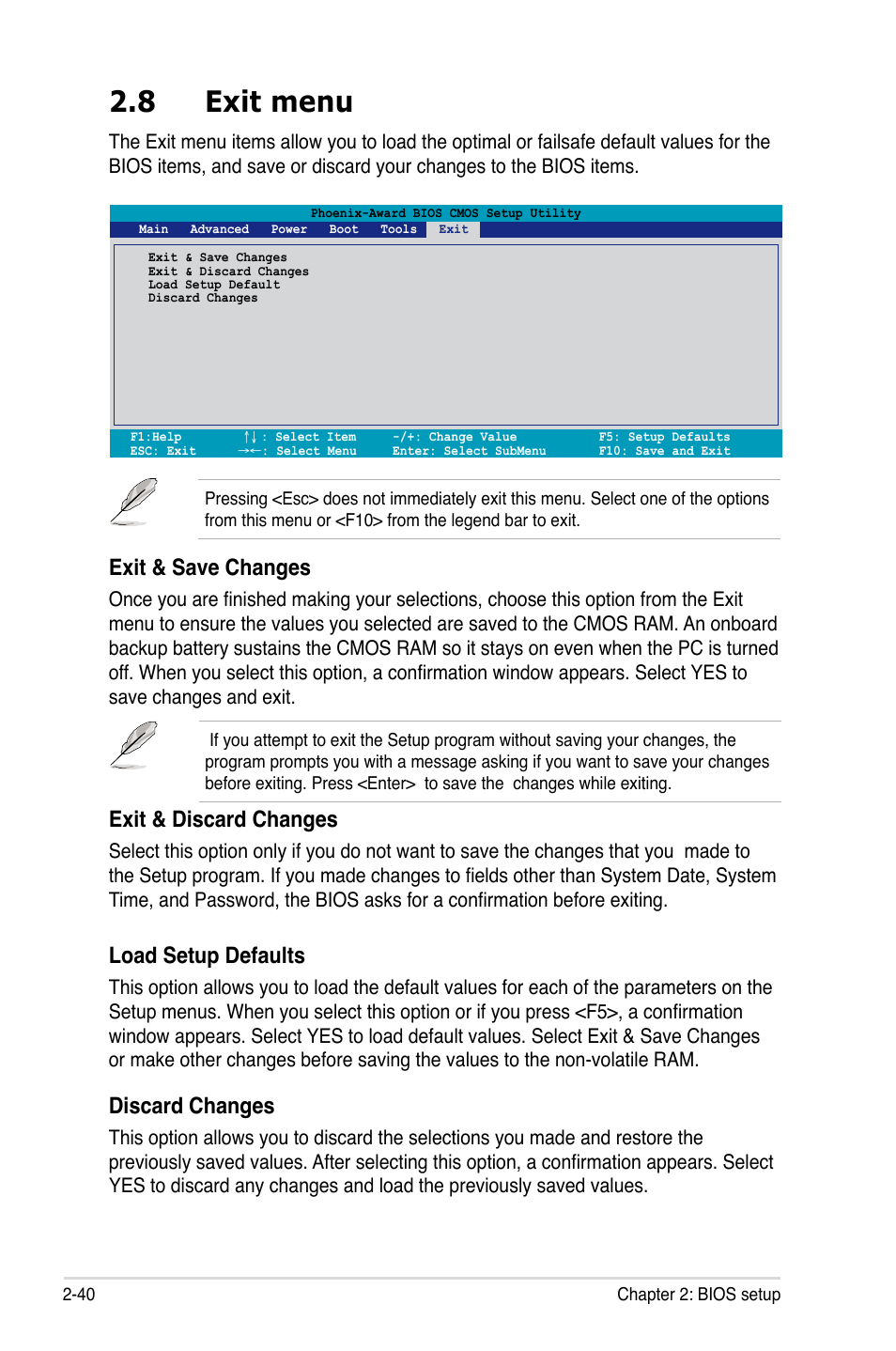 8 exit menu, Exit & save changes, Exit & discard changes | Load setup defaults, Discard changes | Asus M2A-VM User Manual | Page 84 / 92