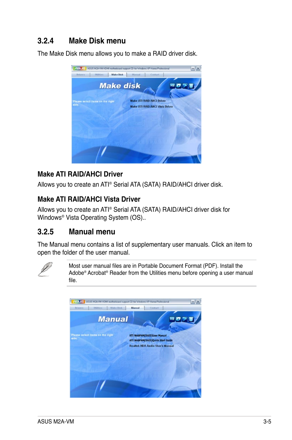 4 make disk menu, 5 manual menu, Make ati raid/ahci driver | Make ati raid/ahci vista driver | Asus M2A-VM User Manual | Page 89 / 92