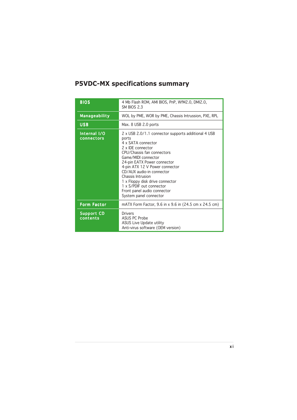 P5vdc-mx specifications summary | Asus Motherboard P5VDC-MX User Manual | Page 11 / 94