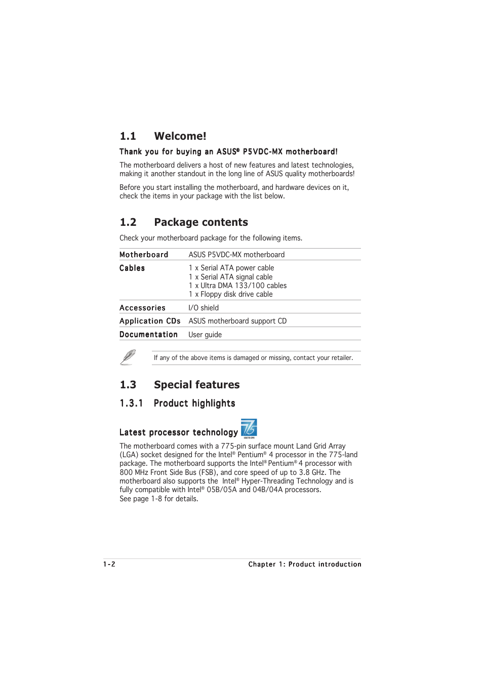 1 welcome, 2 package contents, 3 special features | Asus Motherboard P5VDC-MX User Manual | Page 14 / 94