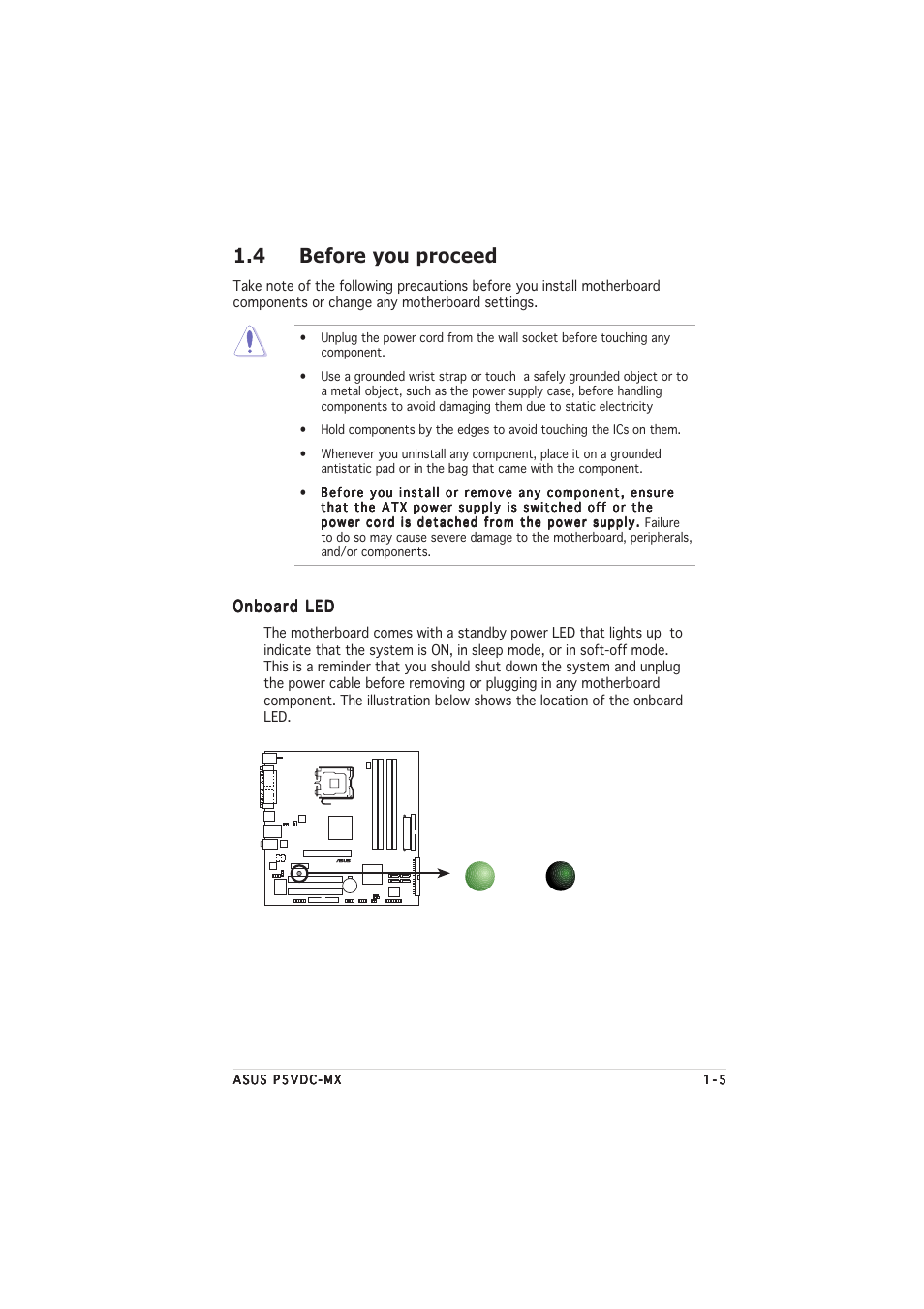 4 before you proceed, Onboard led | Asus Motherboard P5VDC-MX User Manual | Page 17 / 94