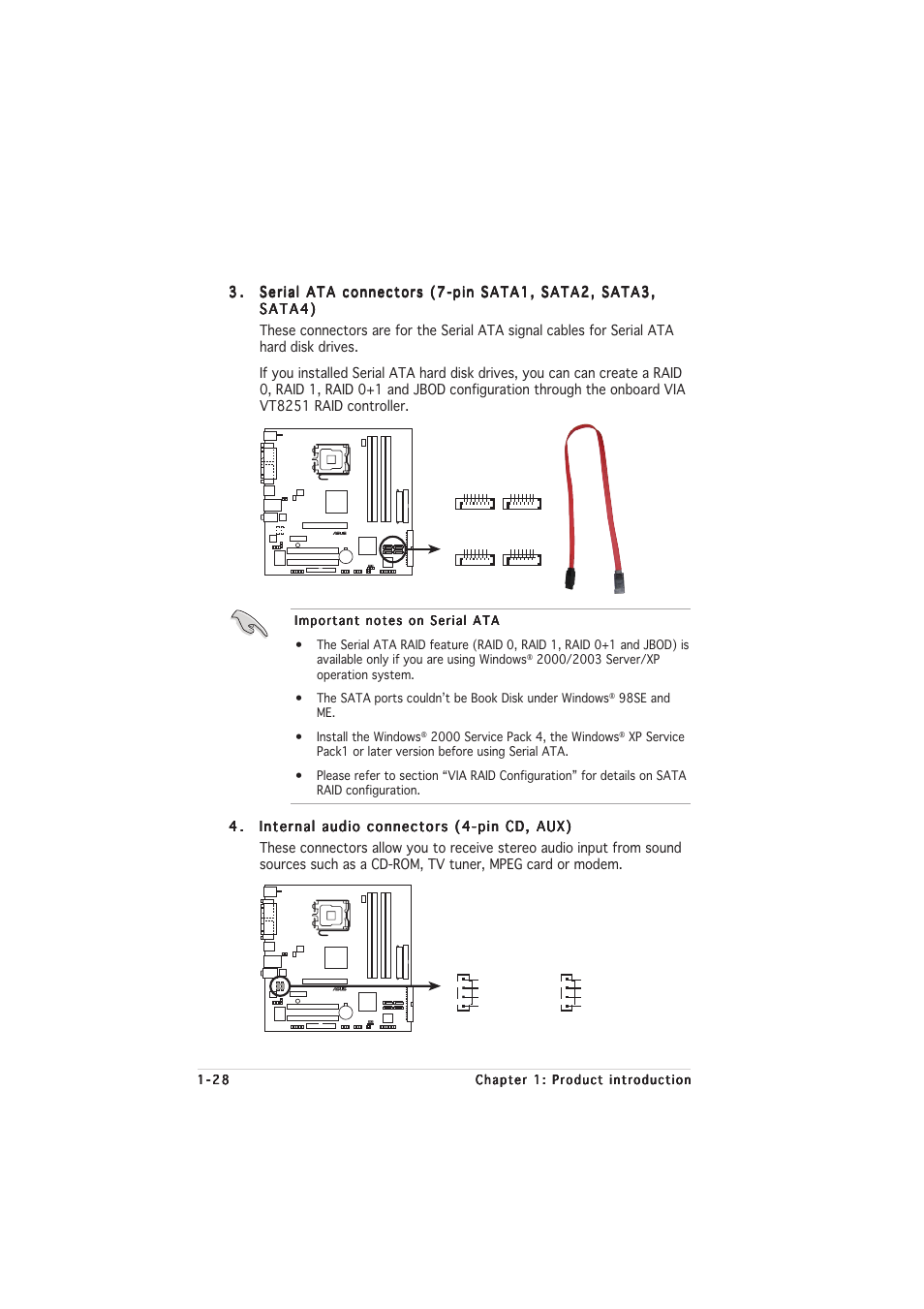 P5vdc-mx sata connectors, 98se and me. • install the windows, P5vdc-mx internal audio connectors | Asus Motherboard P5VDC-MX User Manual | Page 40 / 94