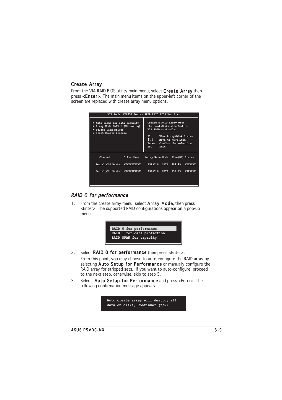 Create array, Raid 0 for performance | Asus Motherboard P5VDC-MX User Manual | Page 91 / 94