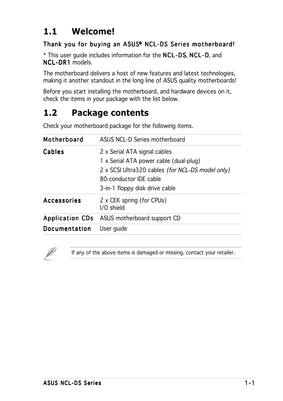 1 welcome, 2 package contents | Asus Motherboard NCL-DS User Manual | Page 15 / 108