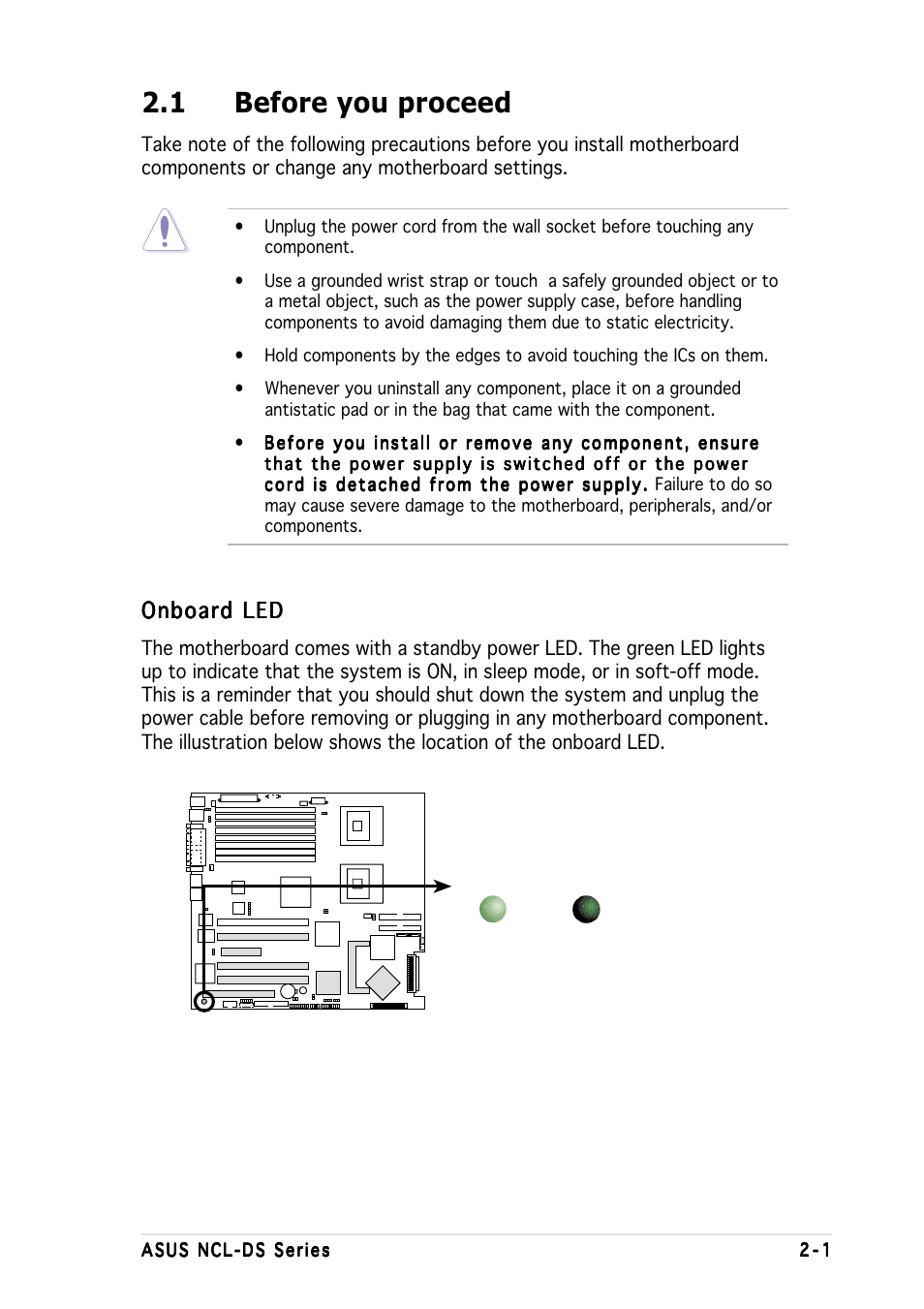 1 before you proceed, Onboard led | Asus Motherboard NCL-DS User Manual | Page 21 / 108