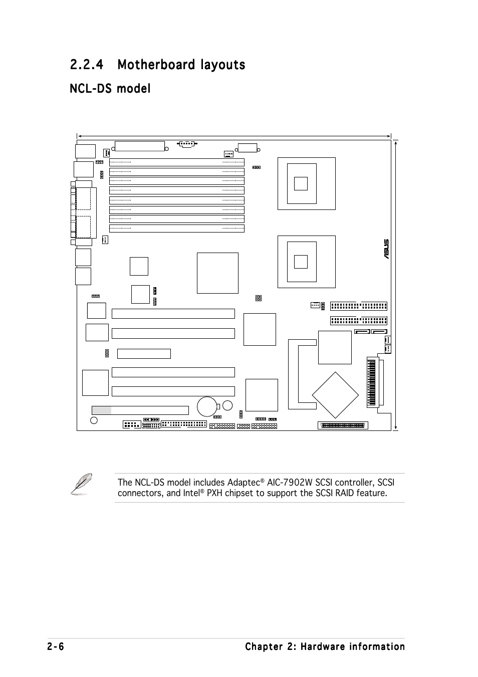 Ncl-ds model, The ncl-ds model includes adaptec, Pxh chipset to support the scsi raid feature | Mpga 604 | Asus Motherboard NCL-DS User Manual | Page 26 / 108