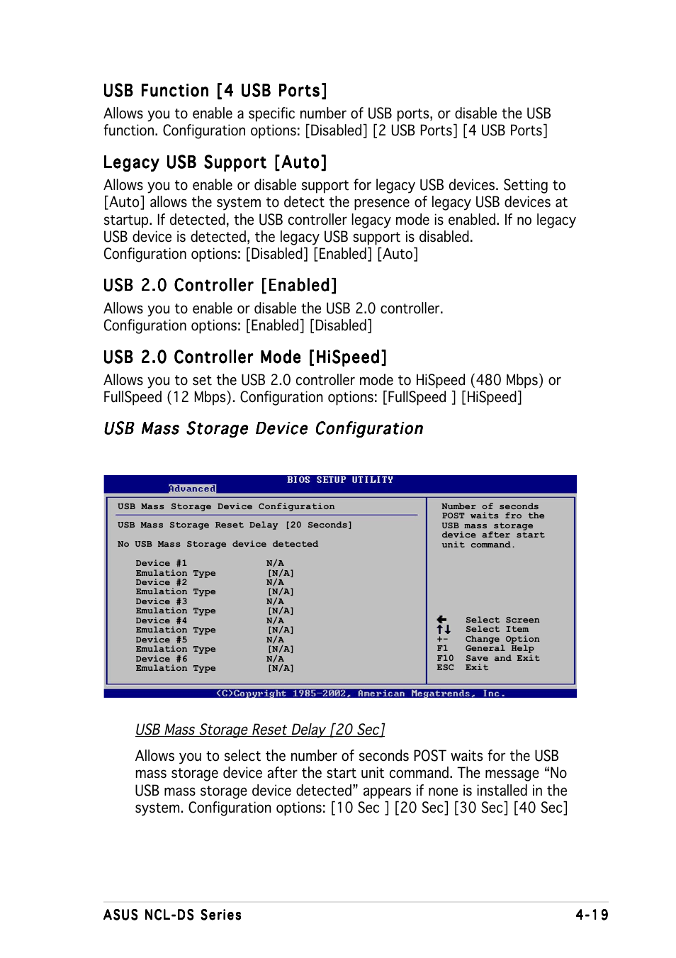 Usb function [4 usb ports, Legacy usb support [auto, Usb 2.0 controller [enabled | Usb 2.0 controller mode [hispeed, Usb mass storage device configuration | Asus Motherboard NCL-DS User Manual | Page 81 / 108