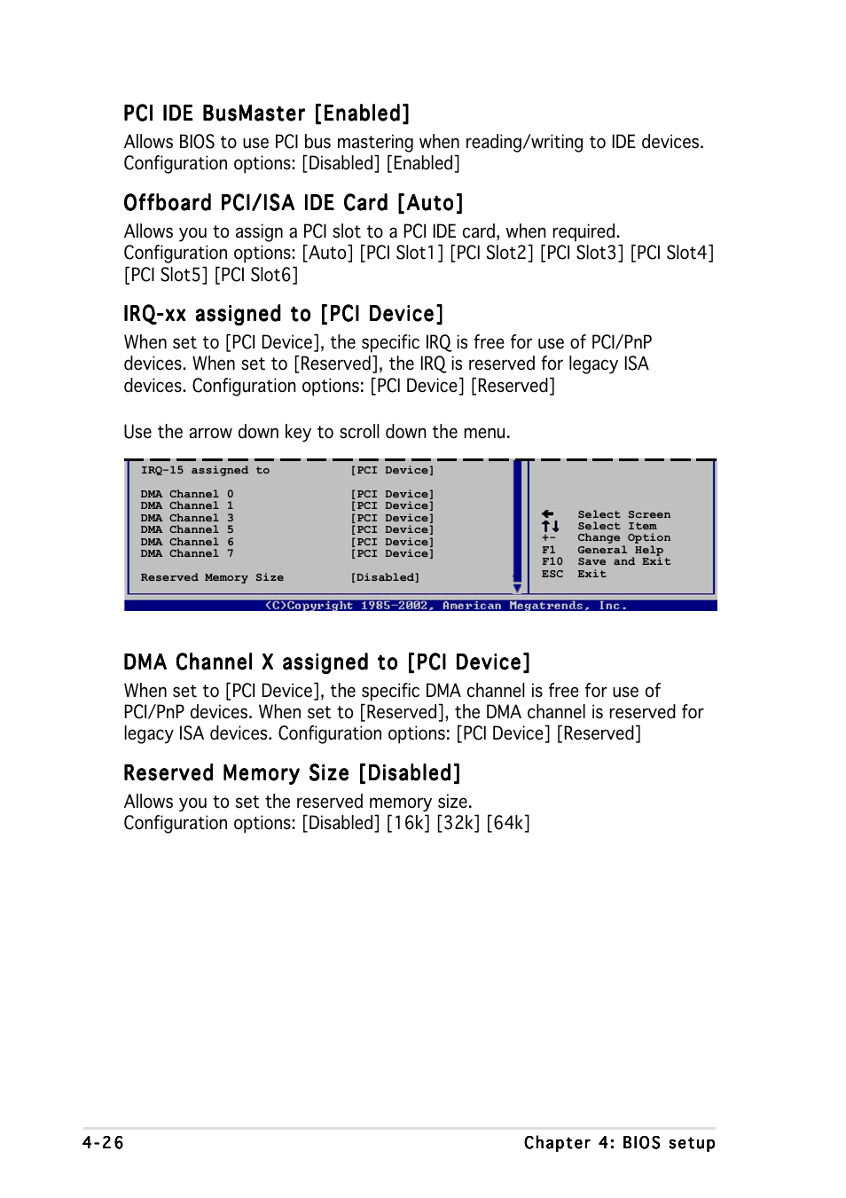 Pci ide busmaster [enabled, Offboard pci/isa ide card [auto, Irq-xx assigned to [pci device | Dma channel x assigned to [pci device | Asus Motherboard NCL-DS User Manual | Page 88 / 108