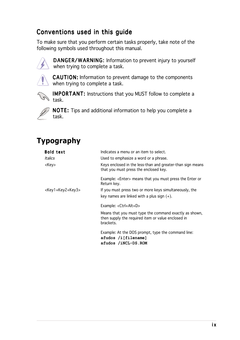 Typography, Conventions used in this guide | Asus Motherboard NCL-DS User Manual | Page 9 / 108