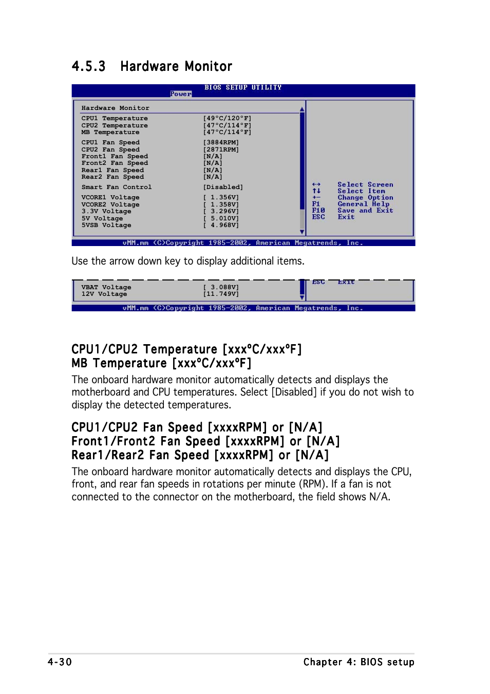 Cpu1/cpu2 temperature [xxxºc/xxxºf | Asus Motherboard NCL-DS User Manual | Page 92 / 108