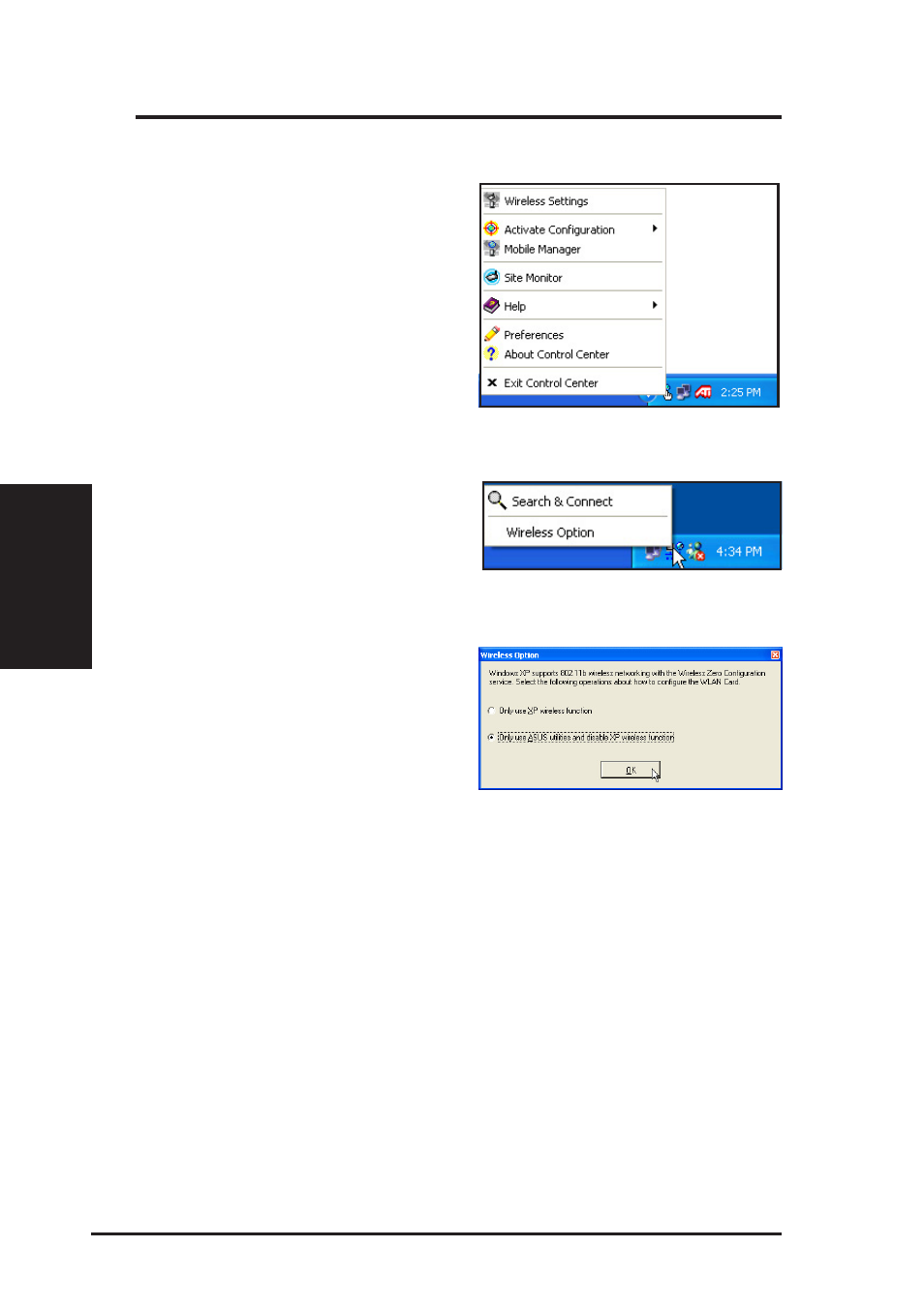 Control center right-click menu, Control center left-click menu, Chapter 3 - reference | Asus WL-167g User Manual | Page 22 / 44