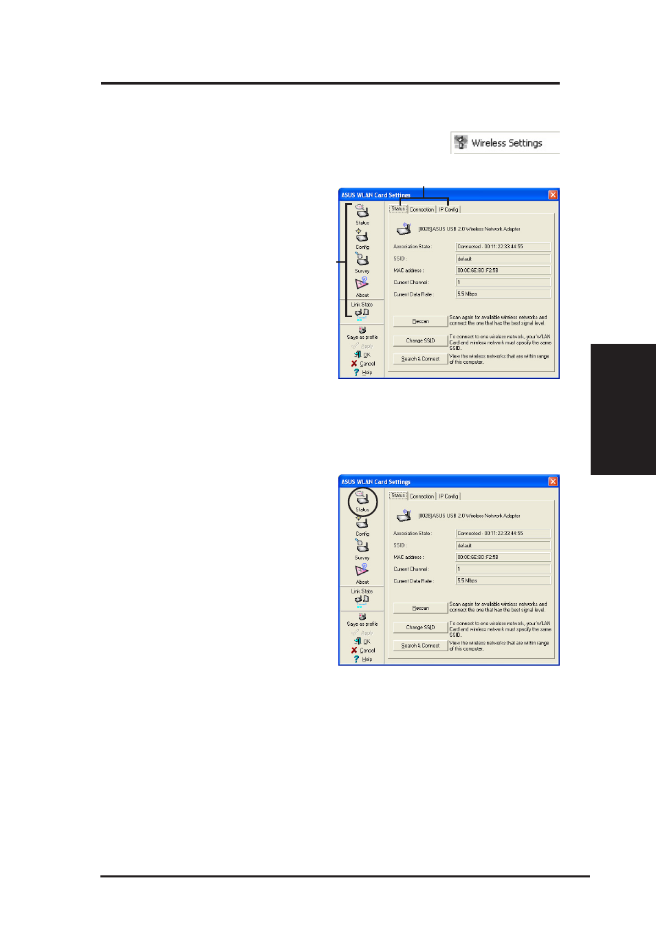 Wireless settings, Status, Status tab | Asus WL-167g User Manual | Page 23 / 44