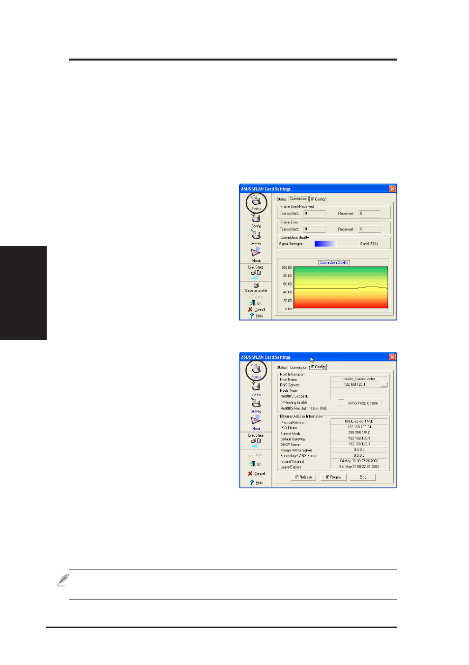 Chapter 3 - reference, Ip config tab, Connection tab | Asus WL-167g User Manual | Page 24 / 44